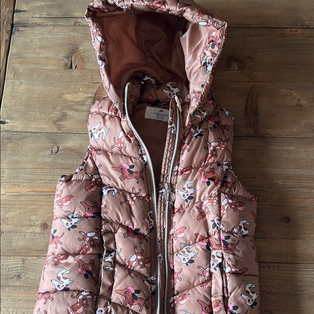 H&M Girls Pink Quilted Hooded Vest, Dog Pattern, 6X - 7
